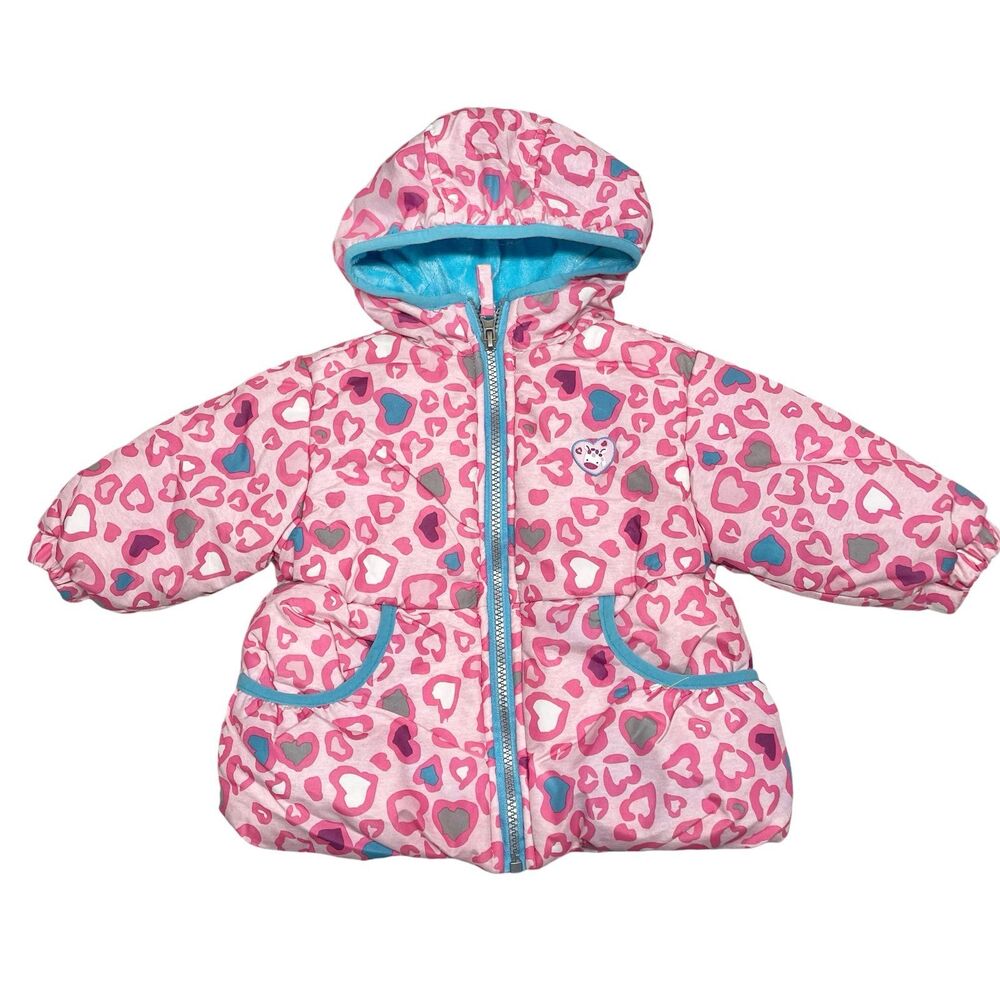 Toddler girls warm winter puffer coat fleece lined pink cheetah print size 12 mo